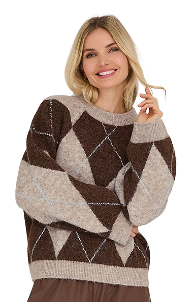 Ladies Argyle Knit Crew Neck Sweater