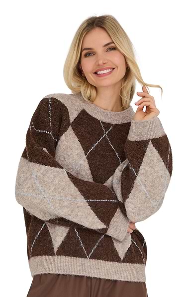 Ladies Argyle Knit Crew Neck Sweater