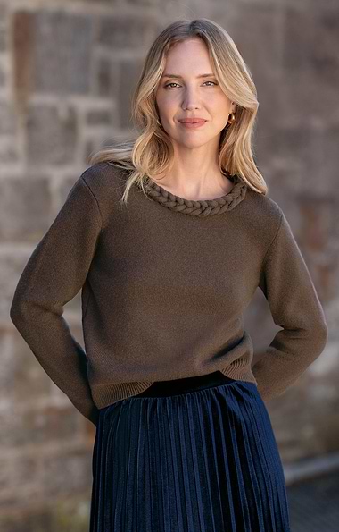 Ladies Merino Braid Neck Crew Sweater