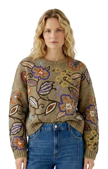 Ladies Oui Floral Embroidered Knit Crew Neck