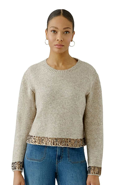 Ladies Oui Sequin Trim Knit Crew Neck