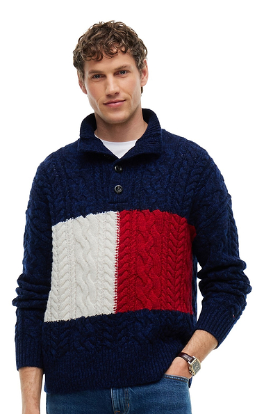 Men's Tommy Hilfiger Flag Cable Button Mock Neck Sweater