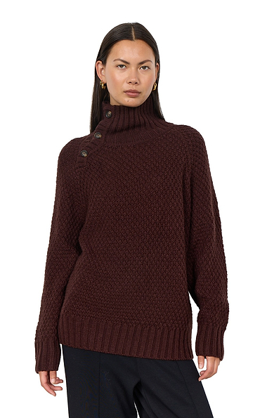 Ladies Moss Stitch Button Detail Funnel Neck Jumper
