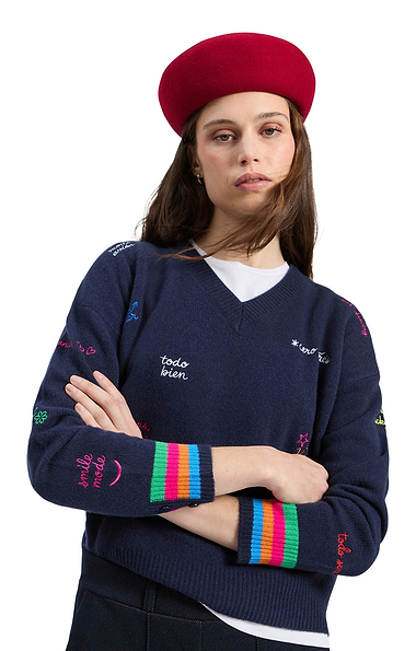 Ladies Vilagallo Lambswool Embroidered V-Neck Jumper