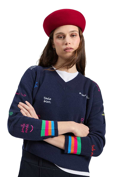 Ladies Vilagallo Lambswool Embroidered V-Neck Jumper