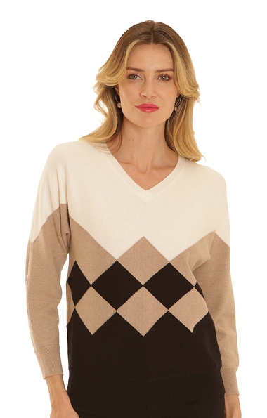 Ladies Pomodoro Argyle Knit V Neck Jumper