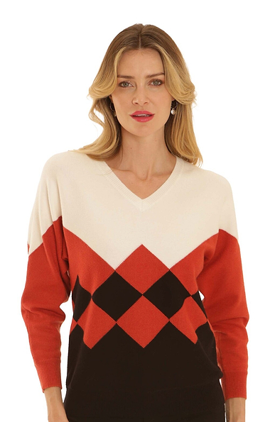 Ladies Pomodoro Argyle Knit V Neck Jumper