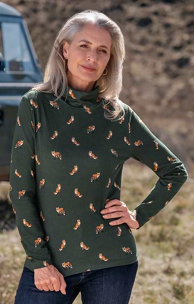 Ladies Printed Cotton Roll Neck