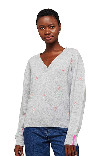 Ladies Brodie Cashmere Embroidery Palm V Neck Jumper