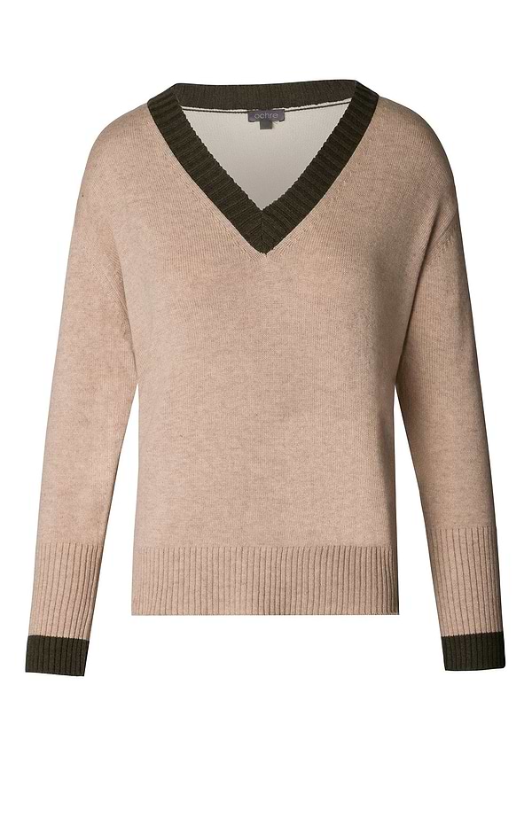 Ladies Cashmere & Lambswool Contrast V-Neck Jumper