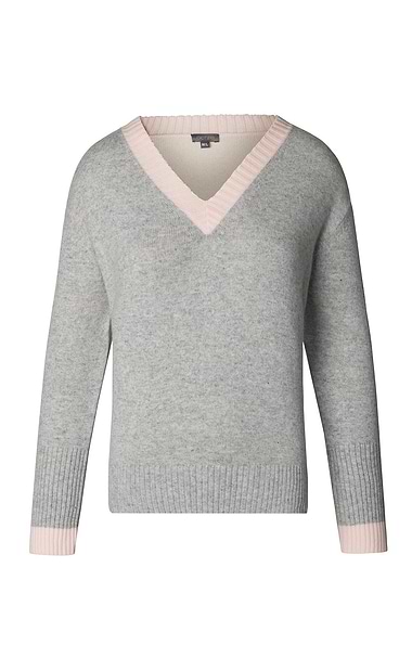 Ladies Cashmere & Lambswool Contrast V-Neck Jumper