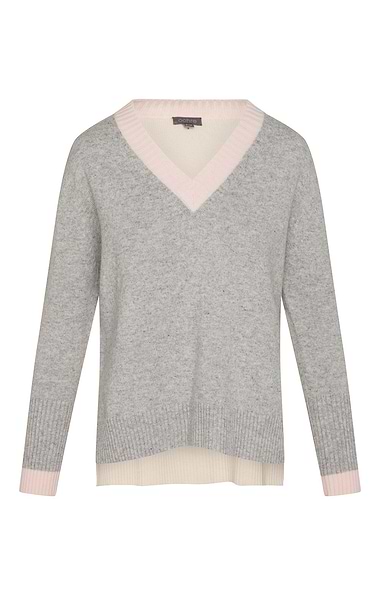Ladies Cashmere & Lambswool Contrast V-Neck Jumper