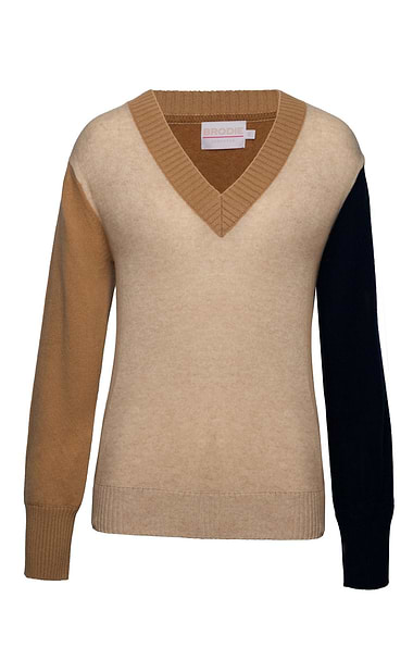 Ladies Brodie Cashmere Colour Contrast V-Neck Jumper