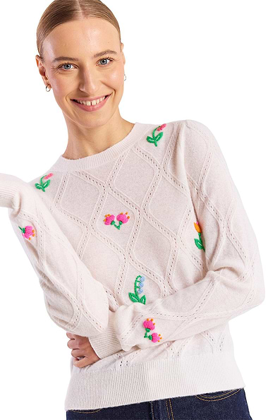 Ladies Brodie Cashmere Floral Stitch Crew Neck