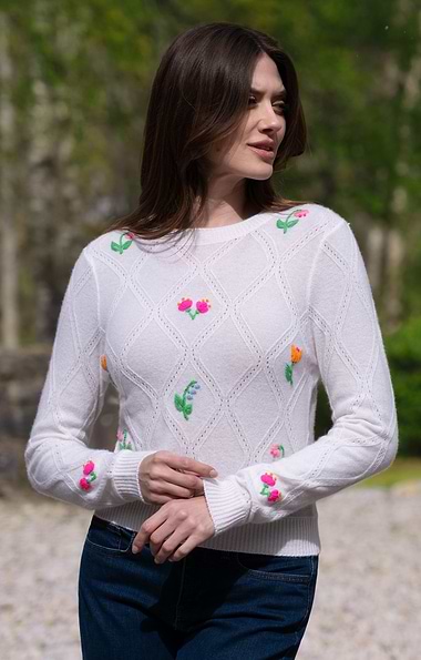 Ladies Brodie Cashmere Floral Stitch Crew Neck