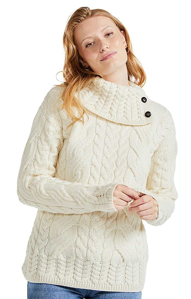Ladies Button Neck Aran Sweater