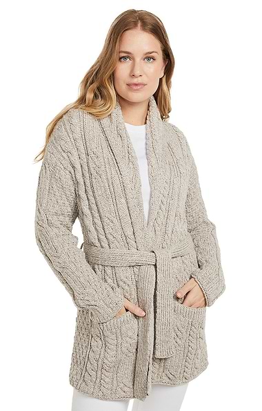 Ladies Aran Shawl Belted Cardigan