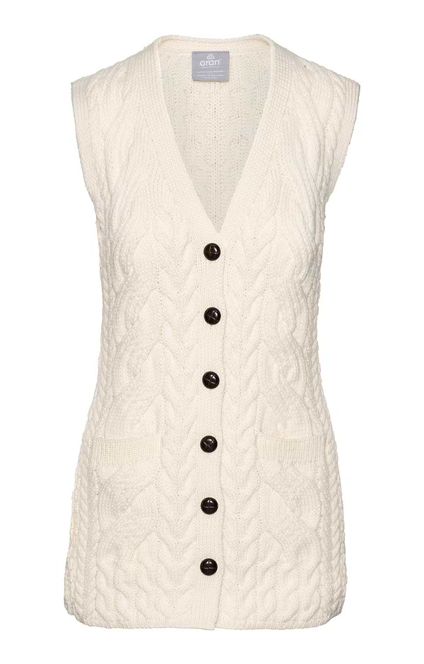 Ladies Aran Merino Wool Cable Knit Gilet with Pockets