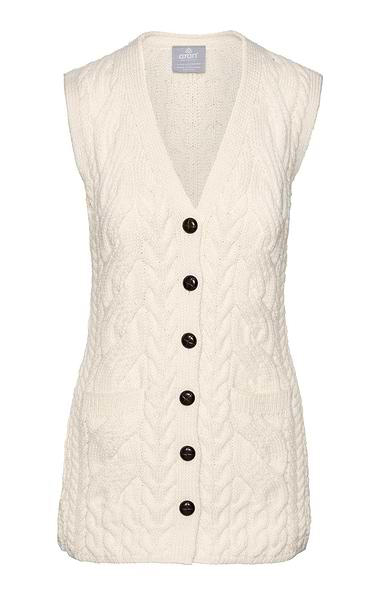Ladies Aran Merino Wool Cable Knit Gilet with Pockets