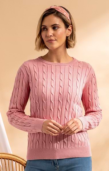 Ladies Cotton Cable Crew Neck