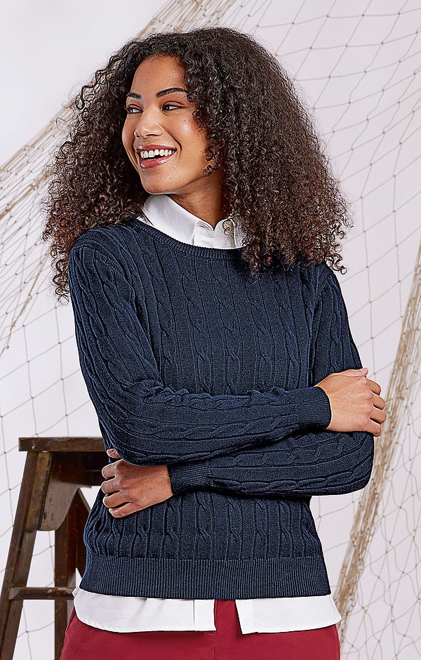 Ladies Cotton Cable Crew Neck