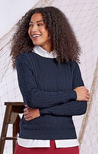 Ladies Cotton Cable Crew Neck