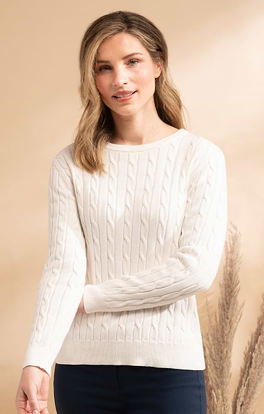 Ladies Cotton Cable Crew Neck