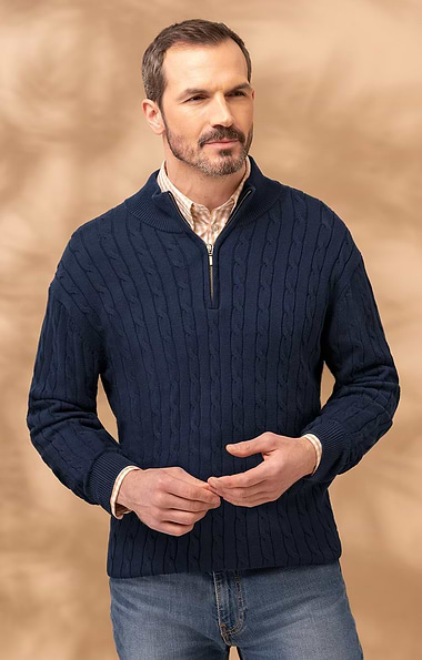 Men's Cotton Cable Knitted T-Zip Jumper