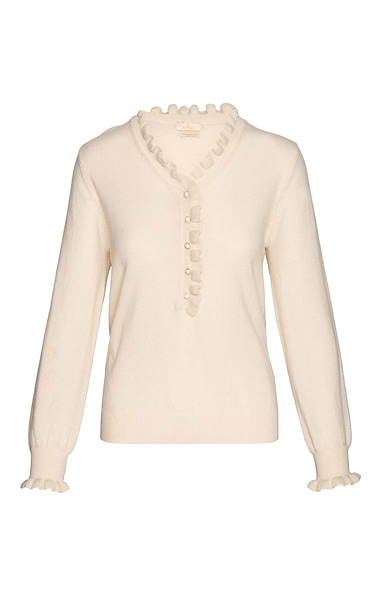 Ladies Merino & Cashmere Ruffle Feature Button Jumper
