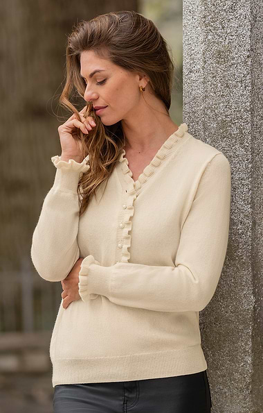 Ladies Merino & Cashmere Ruffle Feature Button Jumper