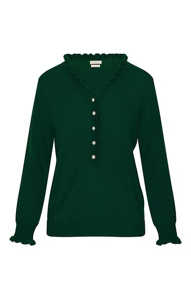 Ladies Merino & Cashmere Ruffle Feature Button Jumper
