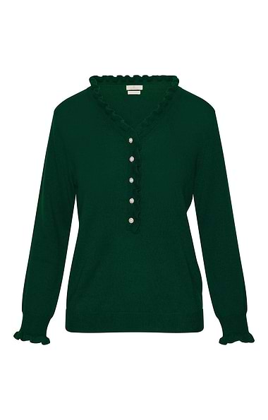 Ladies Merino & Cashmere Ruffle Feature Button Jumper