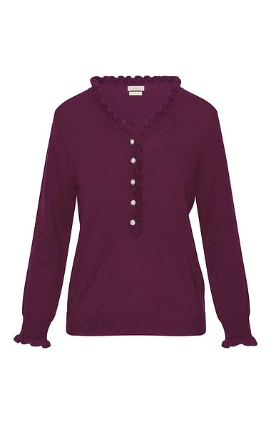 Ladies Merino & Cashmere Ruffle Feature Button Jumper