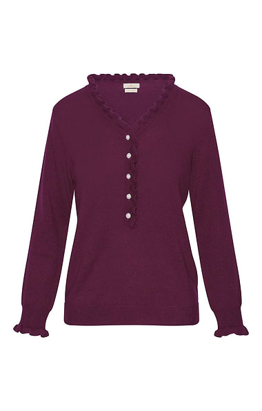 Ladies Merino & Cashmere Ruffle Feature Button Jumper