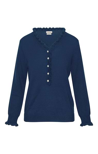 Ladies Merino & Cashmere Ruffle Feature Button Jumper