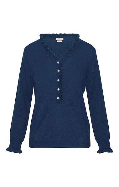 Ladies Merino & Cashmere Ruffle Feature Button Jumper