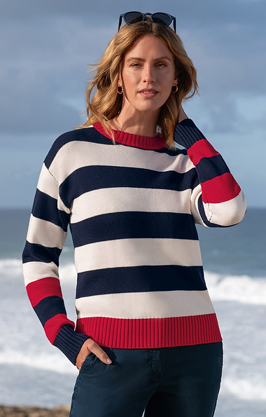 Ladies Wide Stripe Cotton Crew Neck Jumper