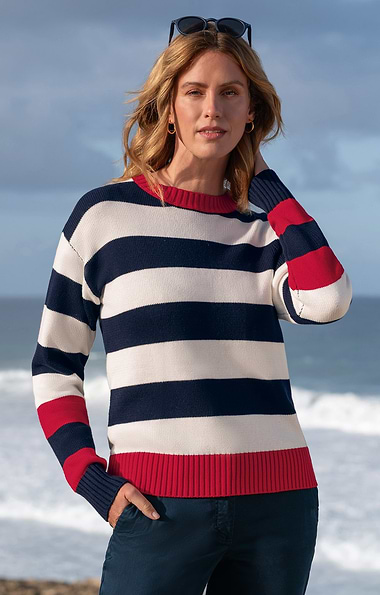 Ladies Wide Stripe Cotton Crew Neck Jumper