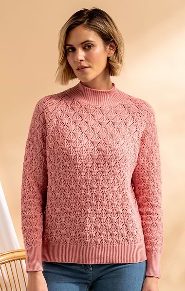 Ladies Cotton Pointelle Turtle Neck Jumper