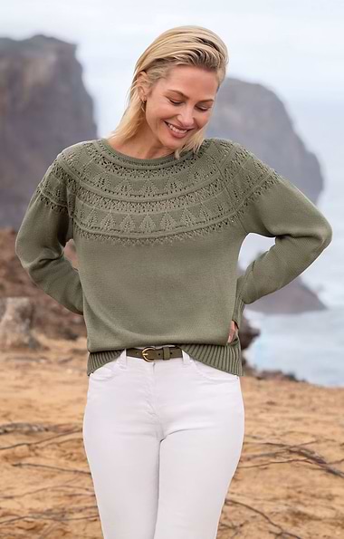 Ladies Cotton Pointelle Yoke Crew