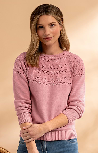 Ladies Cotton Pointelle Yoke Crew