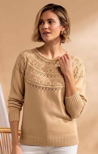 Ladies Cotton Pointelle Yoke Crew