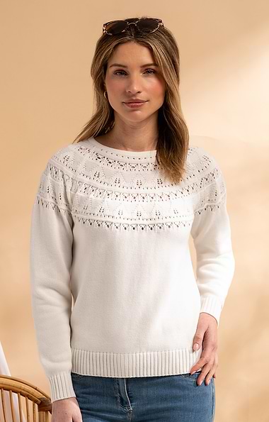 Ladies Cotton Pointelle Yoke Crew