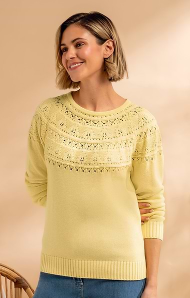 Ladies Cotton Pointelle Yoke Crew