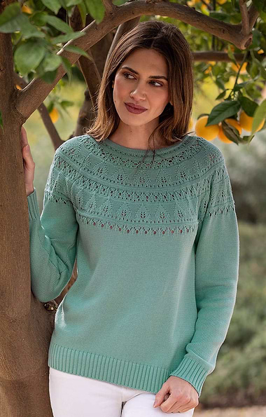 Ladies Cotton Pointelle Yoke Crew