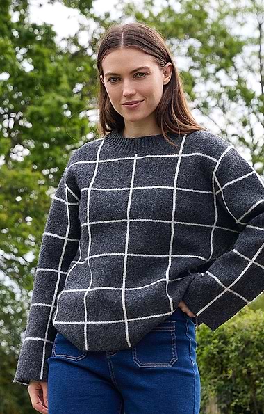 Ladies Windowpane Crew Neck Jumper