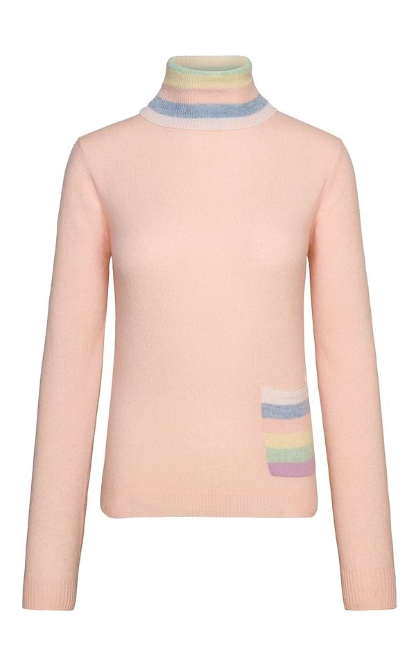 Ladies Cashmere Stripe Pocket Roll Neck Jumper
