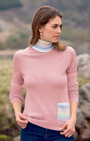 Ladies Cashmere Stripe Pocket Roll Neck Jumper