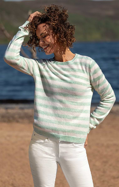 Ladies Cashmere Striped Crew-Neck Jumper