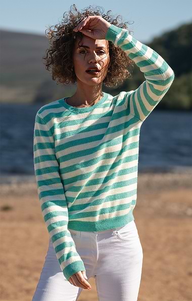 Ladies Cashmere Striped Crew-Neck Jumper
